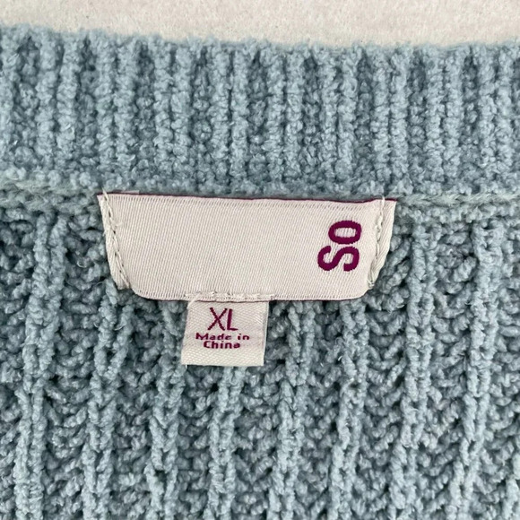 So. Pullover Sweater Women's XL Blue Eyelet V-Neck Ribbed Cable Knit Stretch - Picture 9 of 11